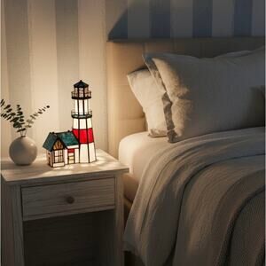 Vintage Stained Glass Lighthouse Lamp-Cottage Point-Coastal Light-Nautical-Beach